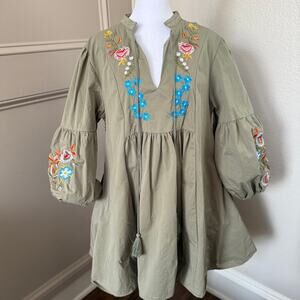 Women's V Neck Long Lantern Sleeve Shift Mini Dress Bohemian Embroidered Size M